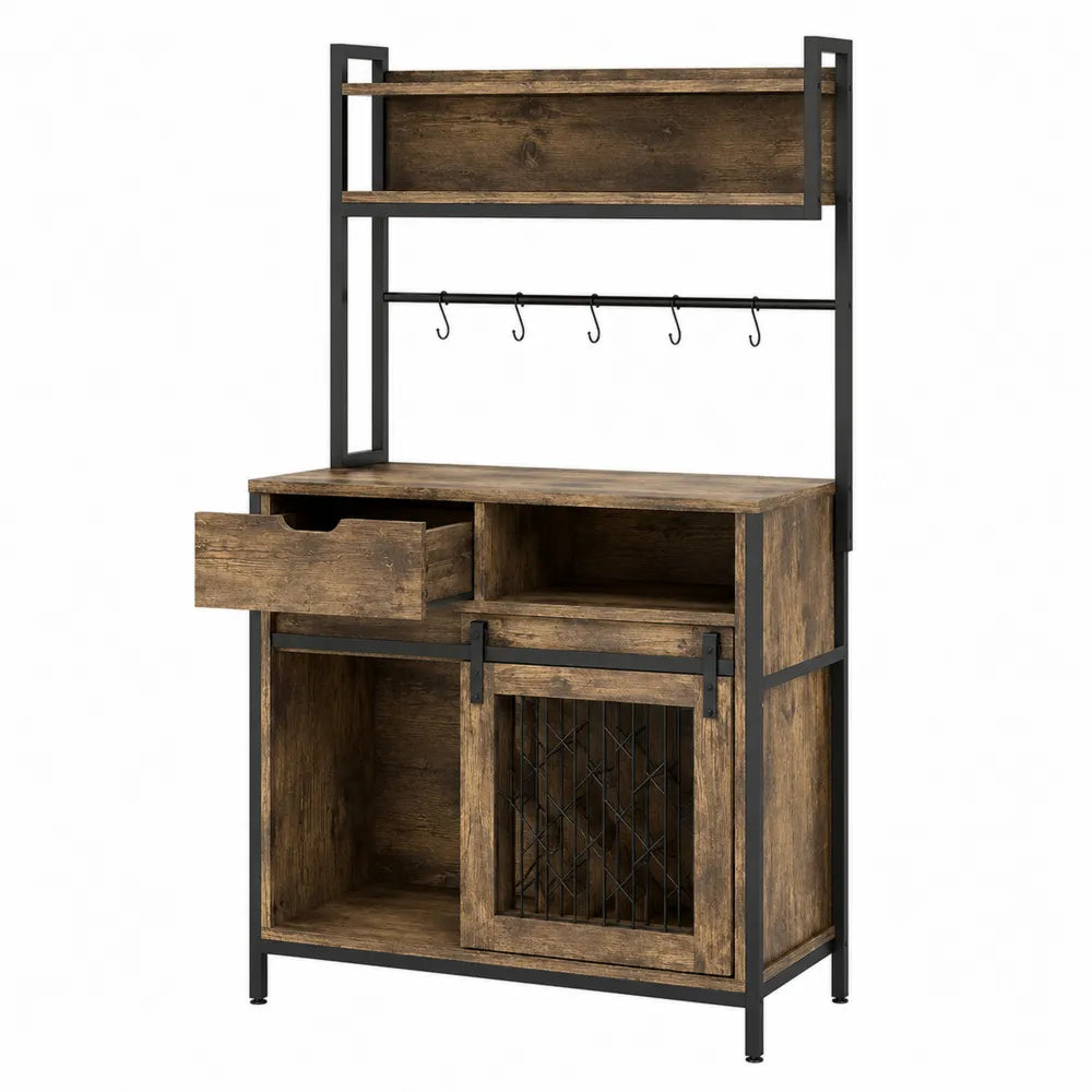 Mobile contenitore soggiorno tipo consolle con cassetto ripiani e ganci struttura in MDF e metallo nero effetto legno rustico 100 x 40 x 170 cm