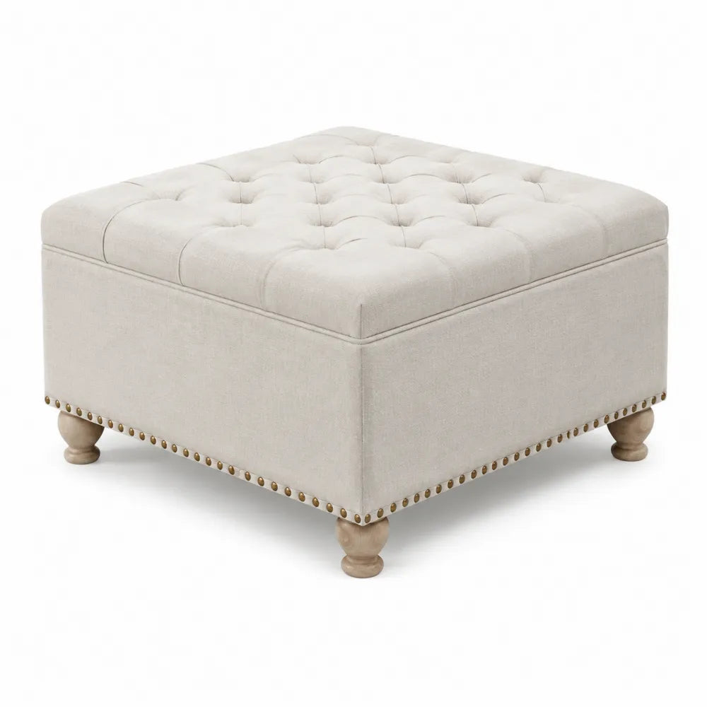 Pouf contenitore quadrato in tessuto poliestere effetto lino beige con imbottitura in schiuma poliuretanica e piedini in legno 80 cm 80 cm 45 cm