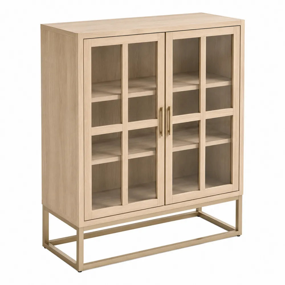 credenza contenitore con ante in vetro struttura in MDF effetto rovere e base in metallo oro 120 cm x 40 cm x 140 cm legno chiaro