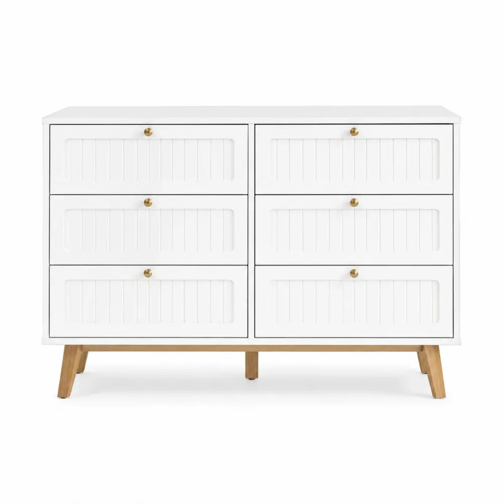 comò cassettiera bianca con 6 cassetti struttura in pannello ingegnerizzato gambe in legno naturale 120 cm x 40 cm x 75 cm con pomelli dorati