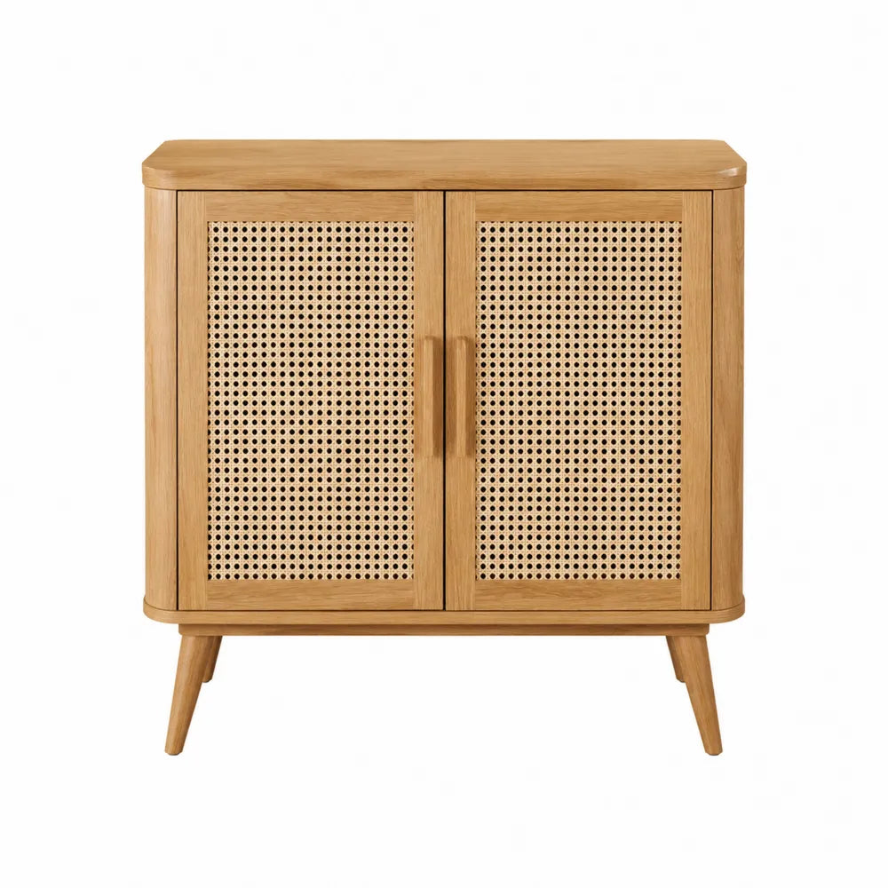 Credenza 90x40x85 cm in legno effetto rovere con ante in rattan naturale e gambe inclinate