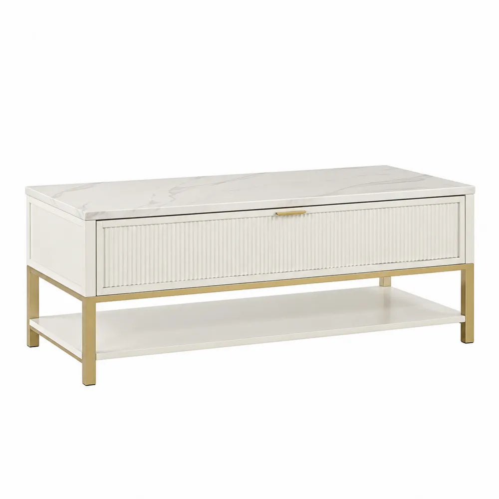 Panca contenitore con cassetto piano effetto marmo struttura in MDF laccato bianco gambe in acciaio dorato con ripiano inferiore 120 cm 40 cm 45 cm