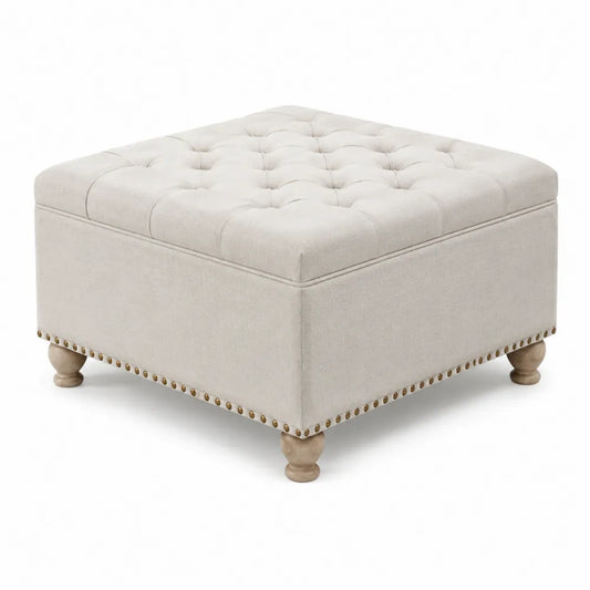 Pouf contenitore quadrato in tessuto poliestere effetto lino beige con imbottitura in schiuma poliuretanica e piedini in legno 80 cm 80 cm 45 cm