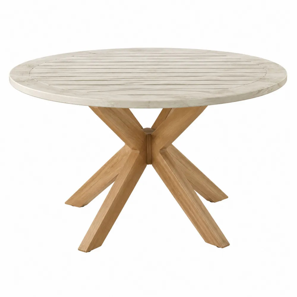 Tavolo da esterno rotondo in legno massello colore naturale con base incrociata diametro circa 120 cm altezza circa 75 cm