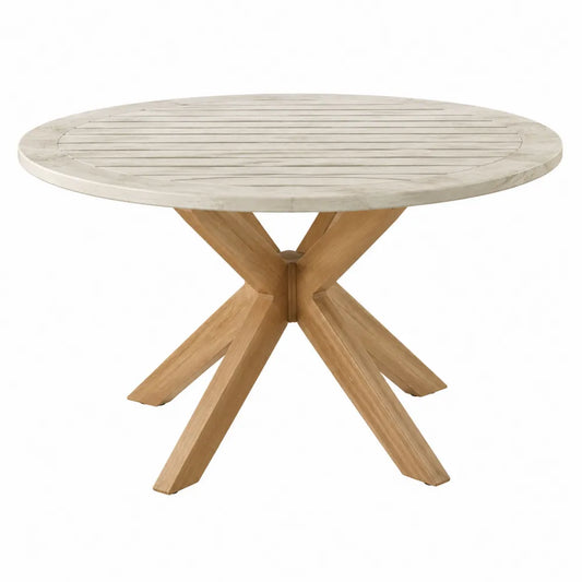 Tavolo da esterno rotondo in legno massello colore naturale con base incrociata diametro circa 120 cm altezza circa 75 cm