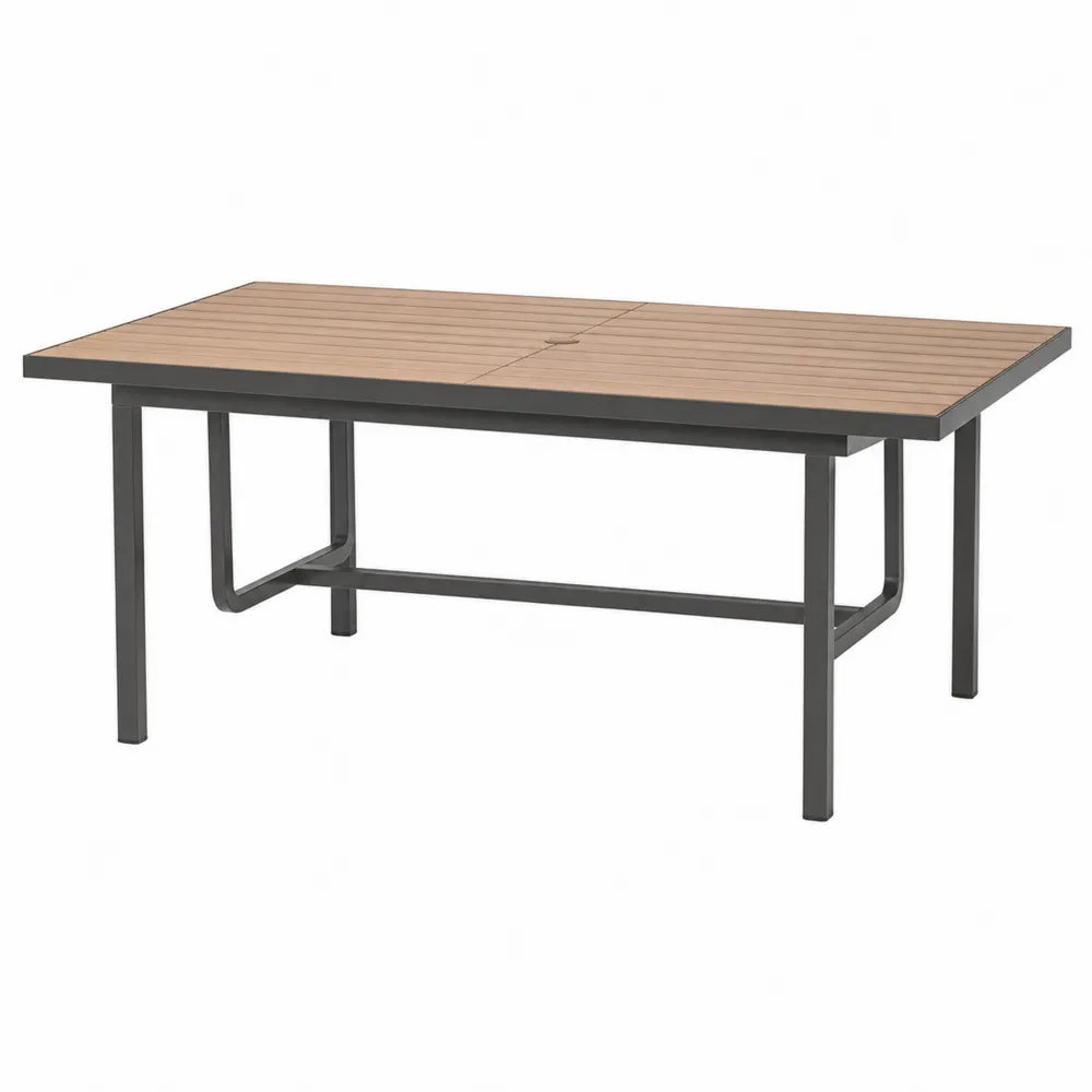Tavolo da esterno rettangolare piano in legno composito a doghe struttura in acciaio verniciato nero marrone nero 180 cm 90 cm 75 cm