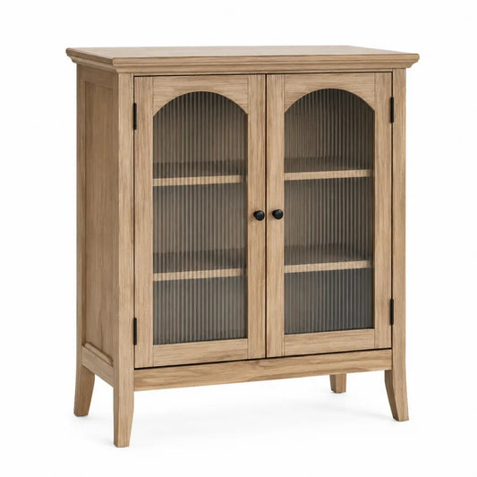 Credenza contenitore in rovere chiaro con ante in vetro rigato struttura in MDF gambe in legno 85 cm x 35 cm x 95 cm rovere chiaro vetro grigio nero