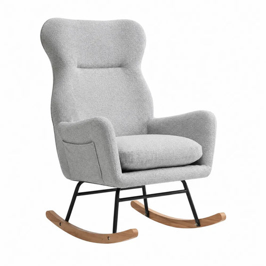 poltrona a dondolo imbottita con braccioli tessuto bouclé grigio struttura in metallo nero e base in legno 70 cm x 85 cm x 95 cm