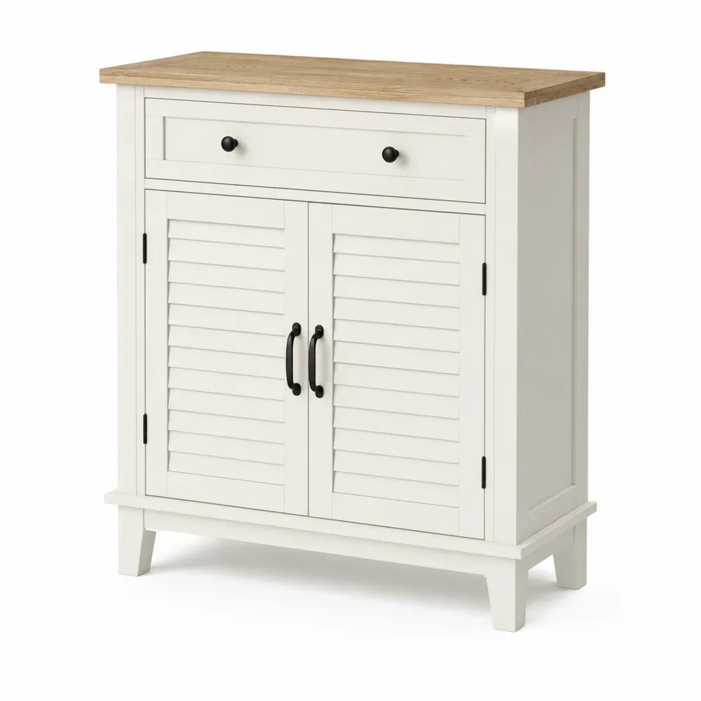 Credenza mobile contenitore 90 cm x 40 cm x 85 cm in MDF bianco con piano effetto legno naturale 1 cassetto e 2 ante a lamelle struttura in legno