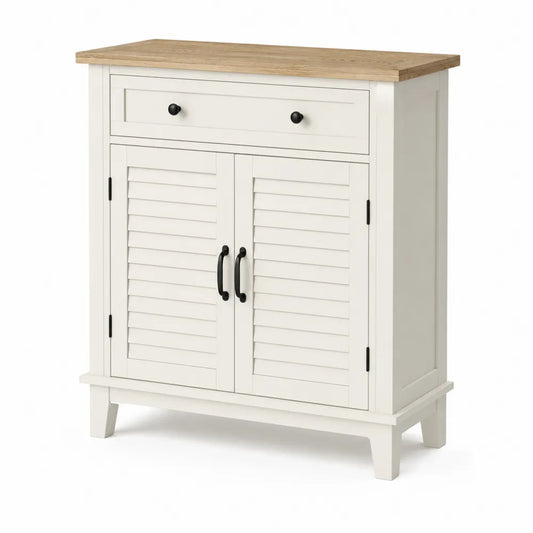 Credenza mobile contenitore 90 cm x 40 cm x 85 cm in MDF bianco con piano effetto legno naturale 1 cassetto e 2 ante a lamelle struttura in legno