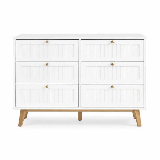 comò cassettiera bianca con 6 cassetti struttura in pannello ingegnerizzato gambe in legno naturale 120 cm x 40 cm x 75 cm con pomelli dorati
