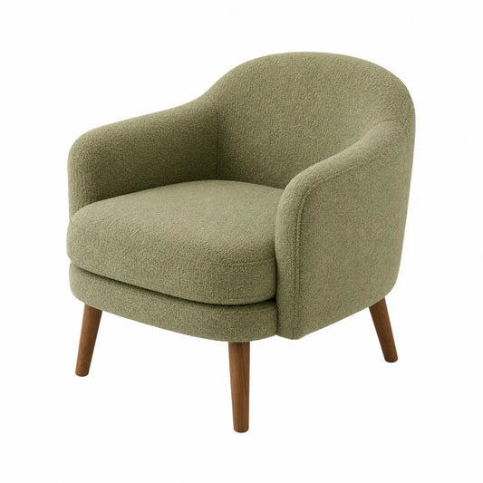 Poltrona imbottita in tessuto bouclé verde con struttura in legno massello di faggio e gambe in legno 72 cm 75 cm 78 cm