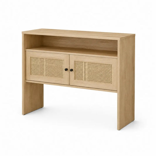 Consolle contenitore in rovere chiaro con ante in rattan naturale struttura in MDF e gambe in legno 110 cm x 40 cm x 85 cm rovere chiaro naturale nero