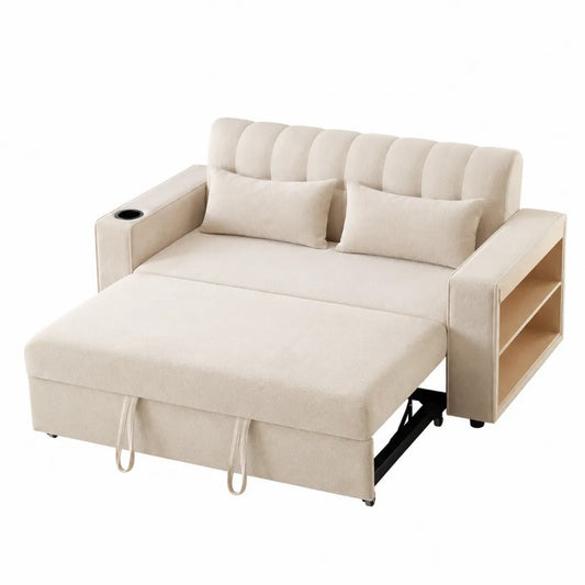 Divano letto estraibile 3 posti con chaise longue vano laterale e portabicchiere tessuto poliestere beige 220 x 90 x 85 cm