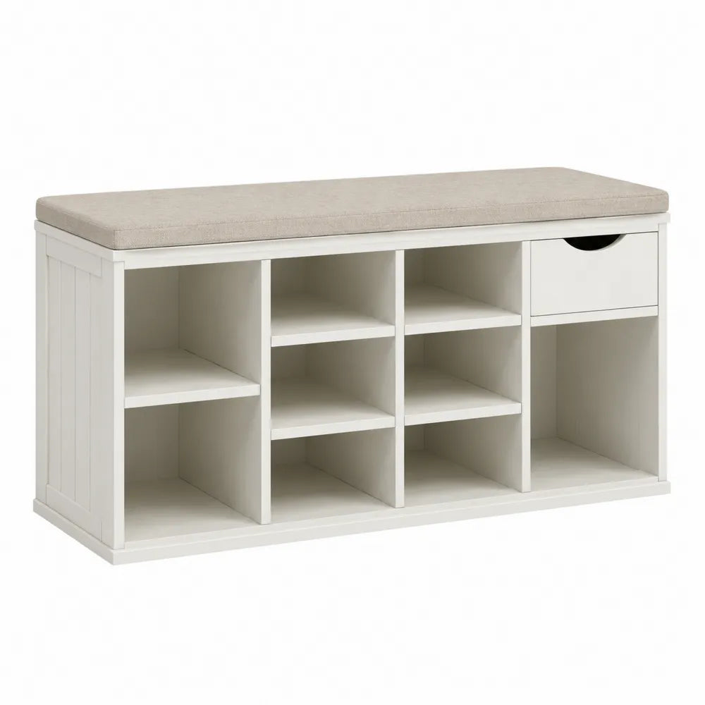 Panca contenitore in MDF con cuscino in poliestere bianco e beige con scarpiera e cassetto 120 cm 40 cm 45 cm