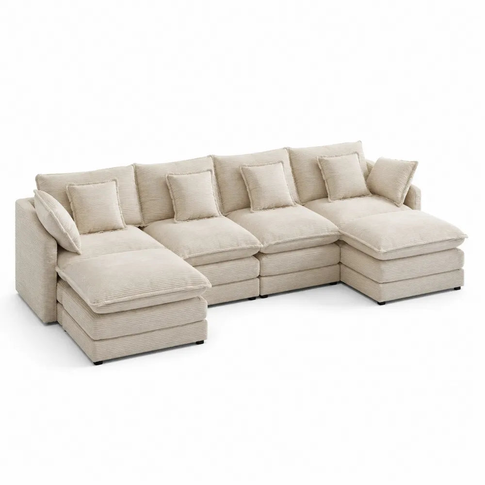 Divano angolare a L 4 posti con chaise longue tessuto poliestere effetto velluto a coste beige 280 x 170 x 85 cm