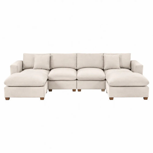 Divano modulare a U con doppia chaise longue 5 posti tessuto poliestere beige struttura in legno multistrato 320 cm 160 cm 85 cm