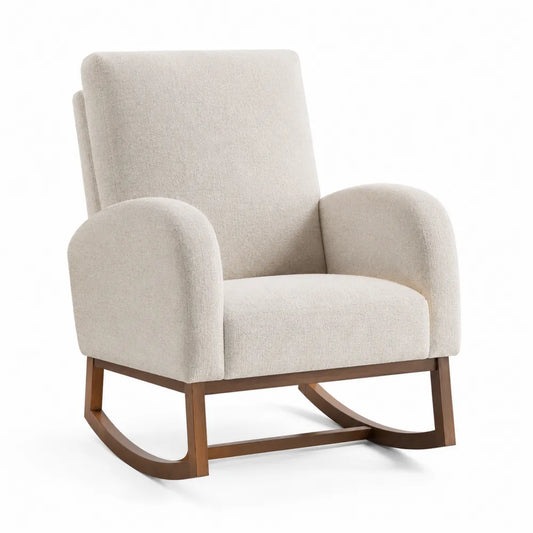 poltrona a dondolo imbottita in tessuto effetto bouclé crema struttura in legno massello base curva in legno naturale 75 cm x 85 cm x 95 cm