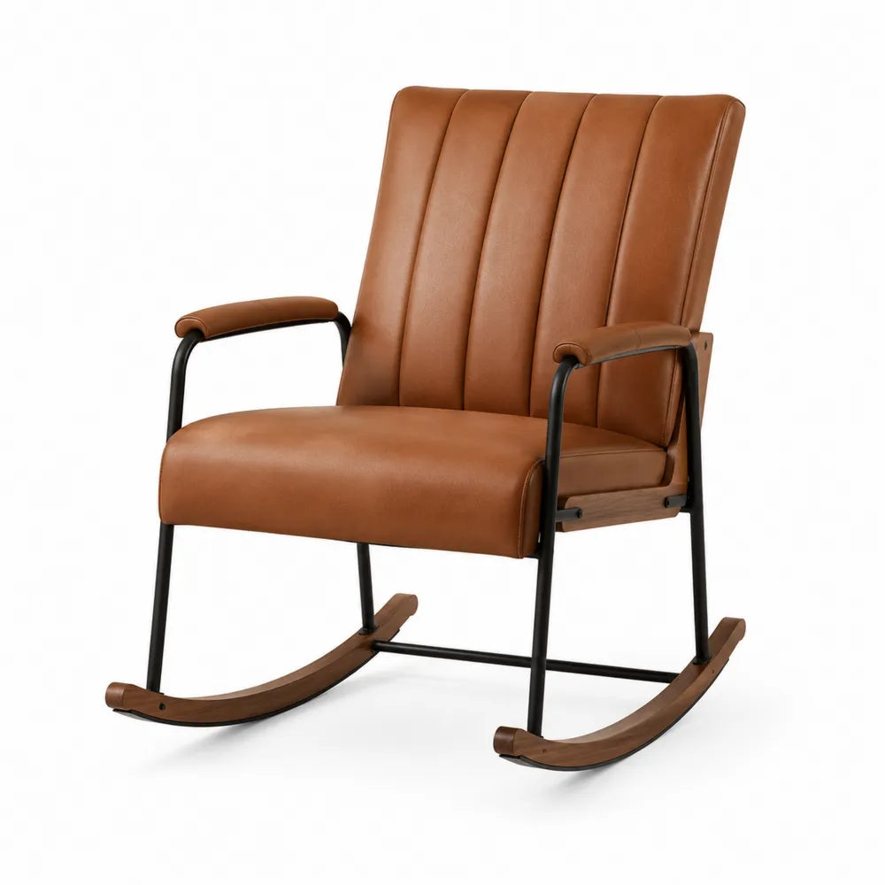 Poltrona a dondolo soggiorno rivestimento similpelle PU marrone struttura in acciaio nero base in legno massello 75 x 80 x 90 cm