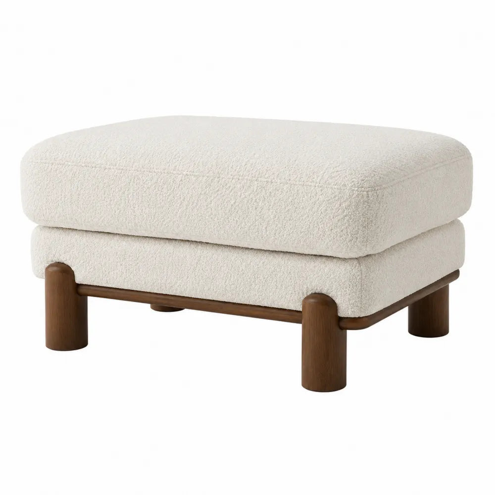 Poggiapiedi imbottito tessuto bouclé poliestere struttura in legno multistrato e legno massello gambe in legno naturale beige 70 cm 55 cm 42 cm