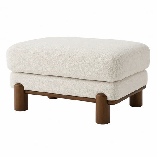 Poggiapiedi imbottito tessuto bouclé poliestere struttura in legno multistrato e legno massello gambe in legno naturale beige 70 cm 55 cm 42 cm