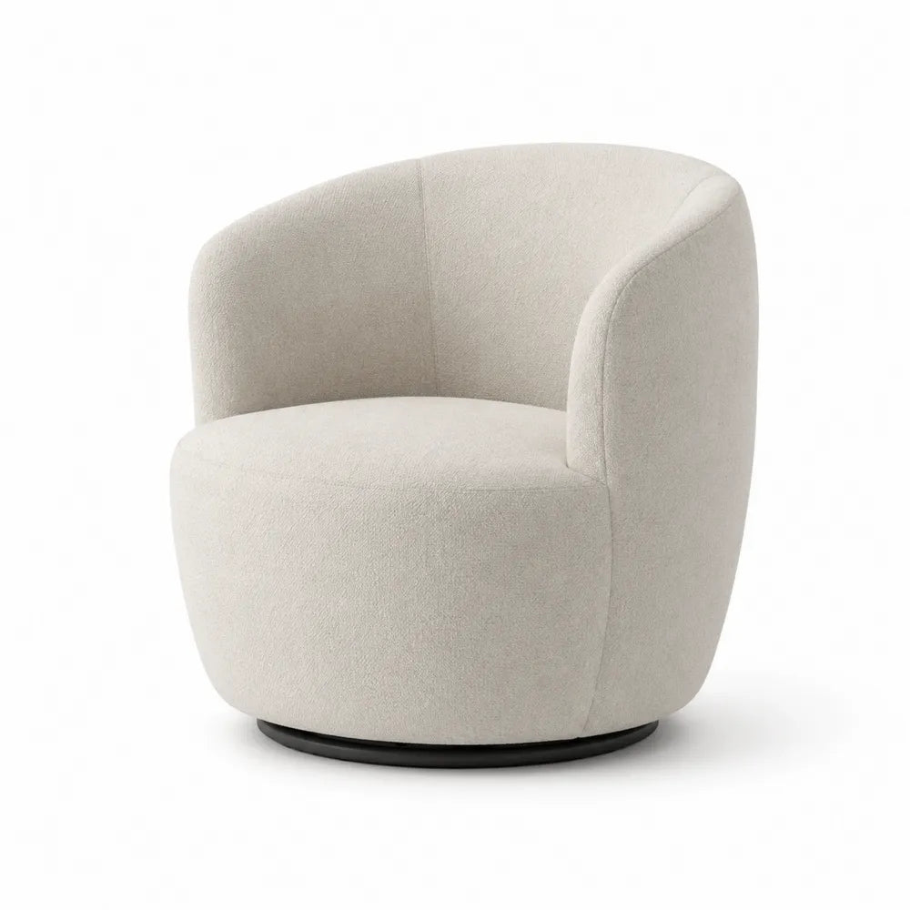 Poltrona girevole imbottita in tessuto bouclé struttura in legno multistrato e acciaio verniciato a polvere colore crema chiaro dimensioni 78 cm 80 cm 72 cm