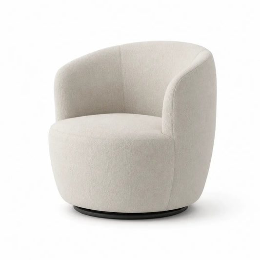 Poltrona girevole imbottita in tessuto bouclé struttura in legno multistrato e acciaio verniciato a polvere colore crema chiaro dimensioni 78 cm 80 cm 72 cm
