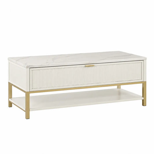 Panca contenitore con cassetto piano effetto marmo struttura in MDF laccato bianco gambe in acciaio dorato con ripiano inferiore 120 cm 40 cm 45 cm